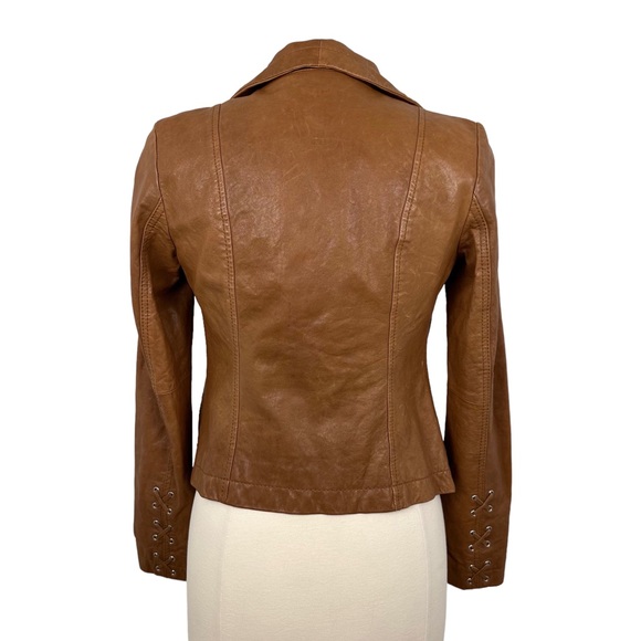 Michael Michael Kors Lambskin Cropped Leather Luggage Tan Jacket Sz XS - Picture 3 of 7